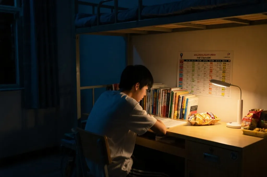 学生在宿舍用笔记本看球赛程,桌上放着台灯、书本和饮料,夜晚安静而专注